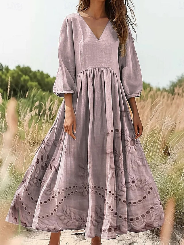 Women's Cotton Linen  Maxi Dress Sundress Pleated Dress