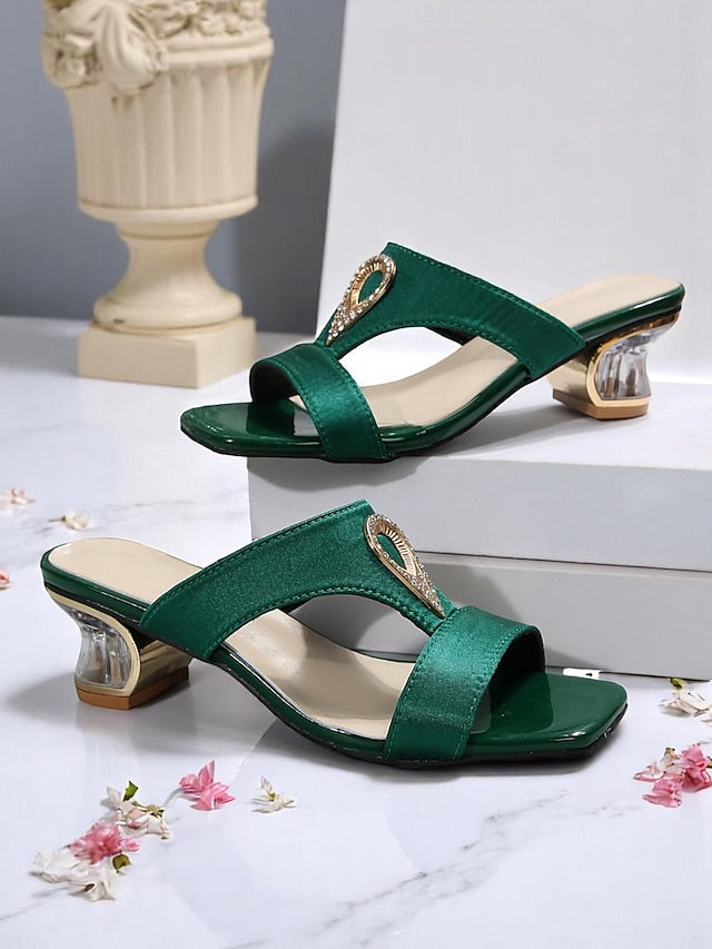 Satin Green Sandals Women's Rhinestone Slide with