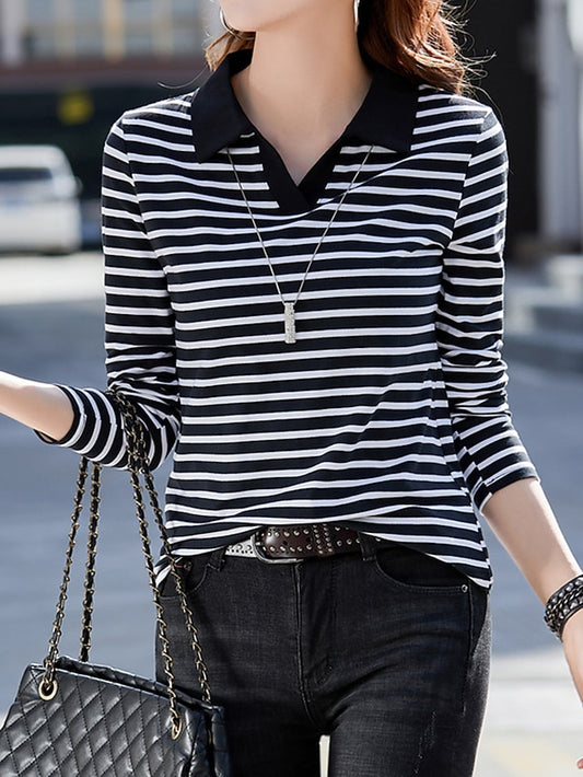 Women's Polo T Shirt Print Striped Fashion Long Sleeve