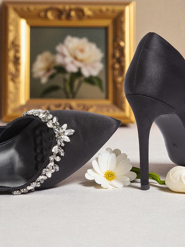 Toe Pointed Satin Heels with Crystal Women's Embellishment