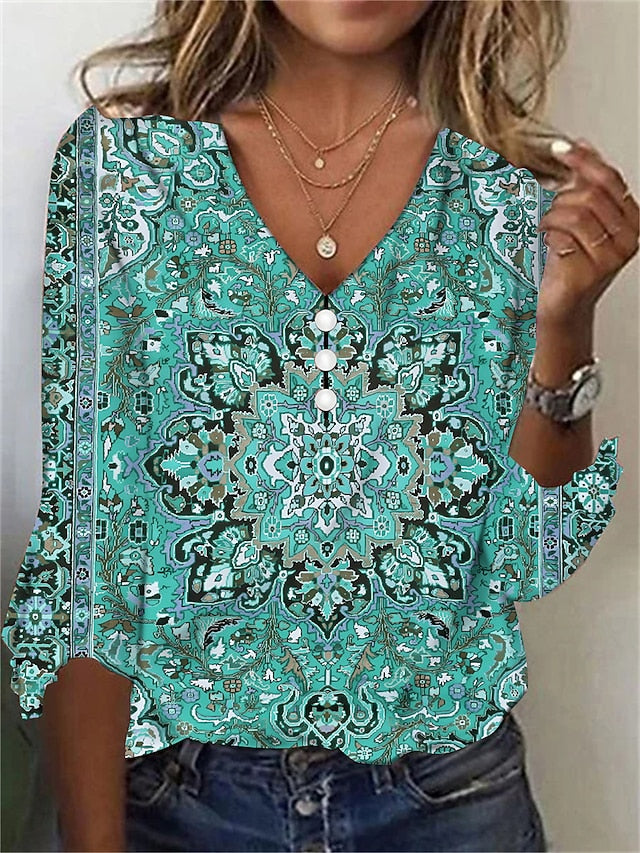 Women's T Shirt Henley Shirt Buttons Print Floral Vintage