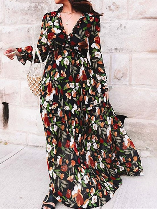 Women's Floral V Neck Maxi Dress Long Sleeve Spring Fall