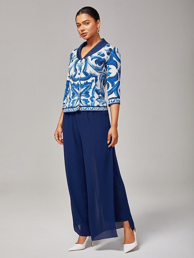 Women's Blue and White Porcelain Print Blazer Notched Lapel