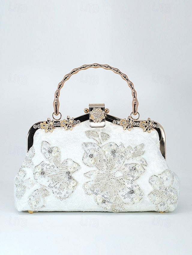 Elegant Pearl with and Evening Lace Handbag Floral White