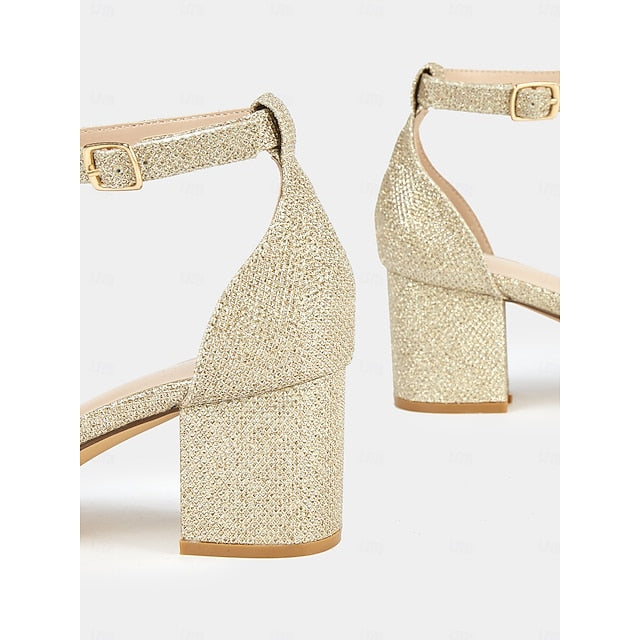 Ankle Glitter Heel Sandals with Women's Gold Stylish Block