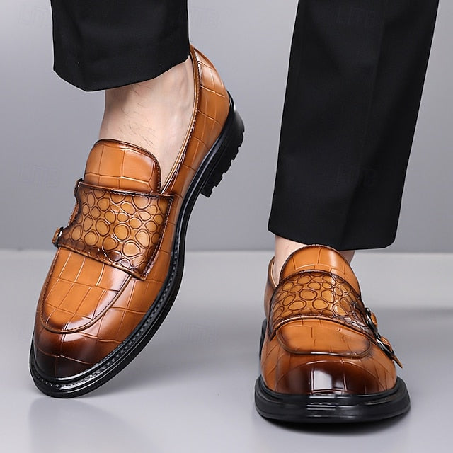 Men's – Leather Loafers Crocodile Brown Pattern with Faux