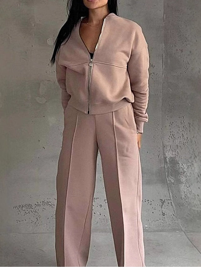 Women's Bolero Top Wide Leg Pants Long Sleeve Solid Color