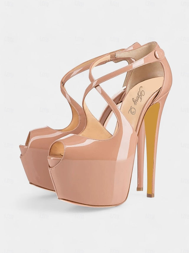 Patent Cross Red Black Stiletto Heels and Platform with Leather