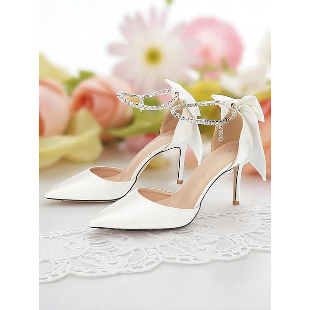 Satin Women's Bow Toe Pointed and with Heels Stiletto Ivory