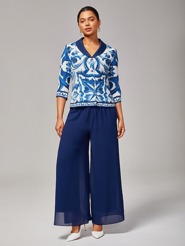 Women's Blue and White Porcelain Print Blazer Notched Lapel