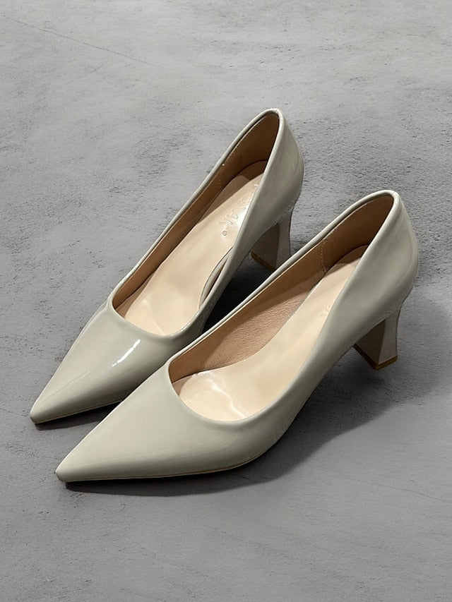 Glossy Heel Leather Pointed-Toe Patent Faux Block Pumps Green