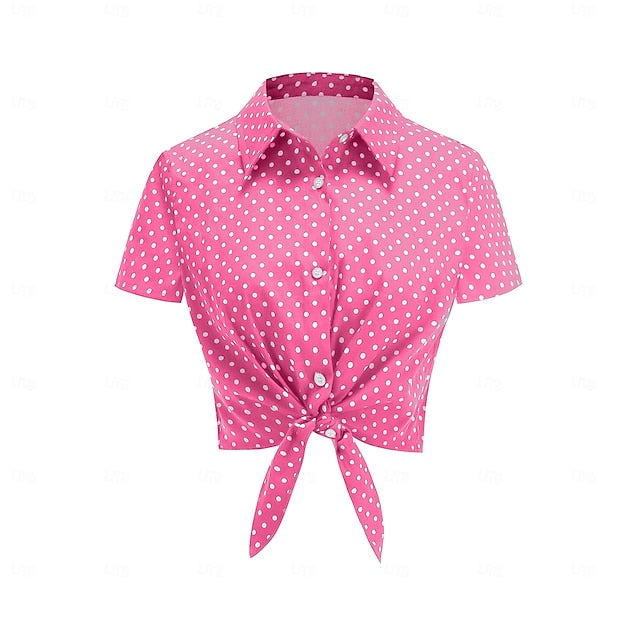 1950s Retro Vintage Crop Top Shirt Short Sleeves Polka Dot Fancy