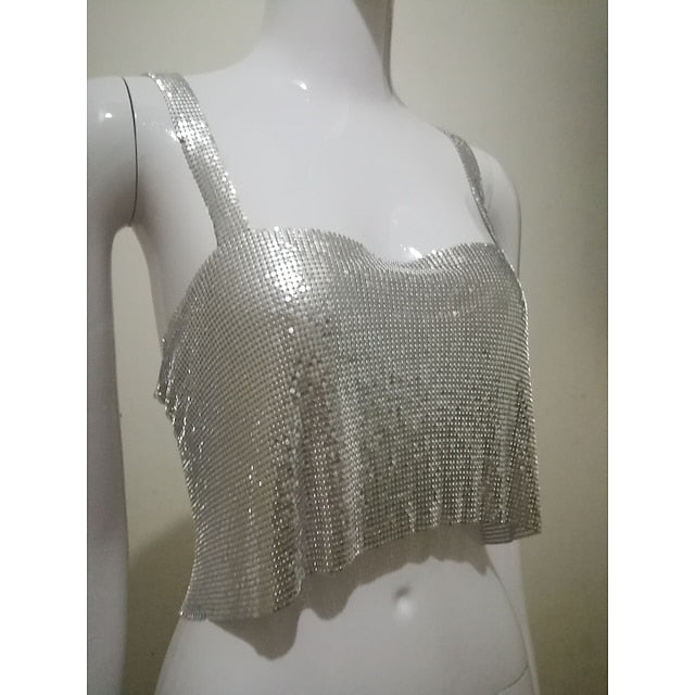 Metallic Backless Sparkle Camisole Crop Tank Top Disco Deep V