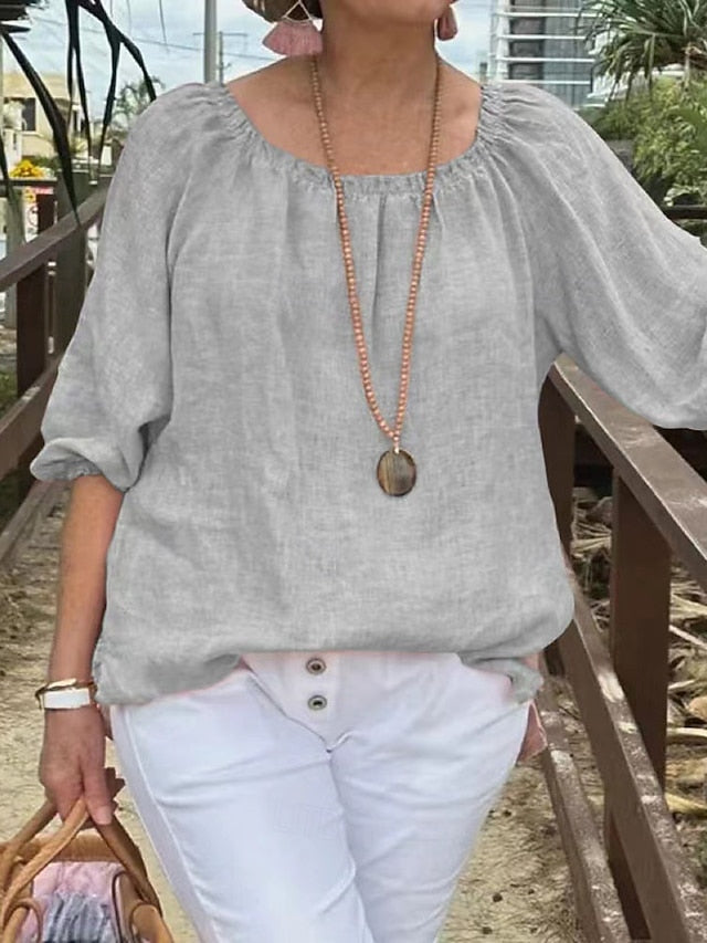 Women's Cotton Linen Shirts Blouse Patchwork Plain Elegant