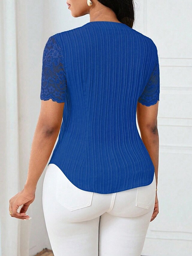 Women's T Shirt Tee Top Lace Patchwork Plain Elegant
