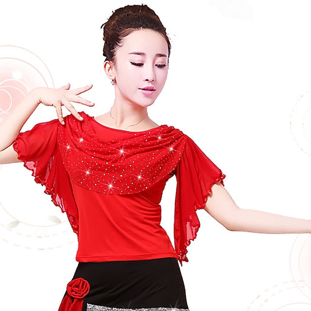 Latin Dance Ballroom Dance Sparkle Top Ruffles Pure Color