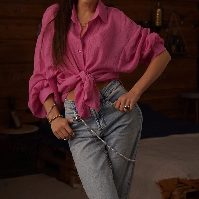 Women's Shirt Blouse Buttons Plain Elegant Stylish Long