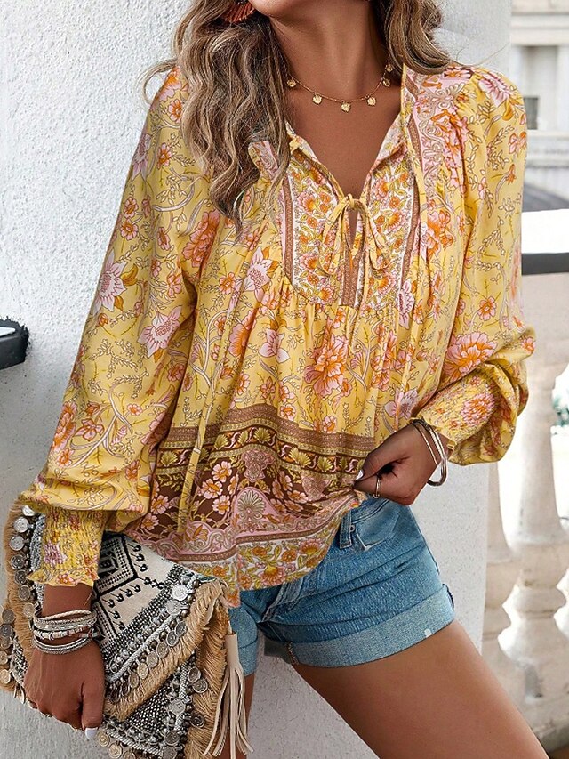 Women's Boho Shirt Blouse Print Flower Modern Boho Long