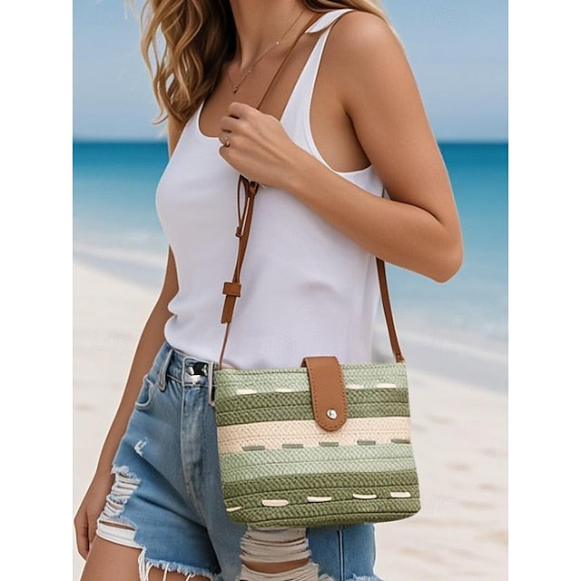 Striped with Bag Colorblock Women's Straw Woven Brown Tote