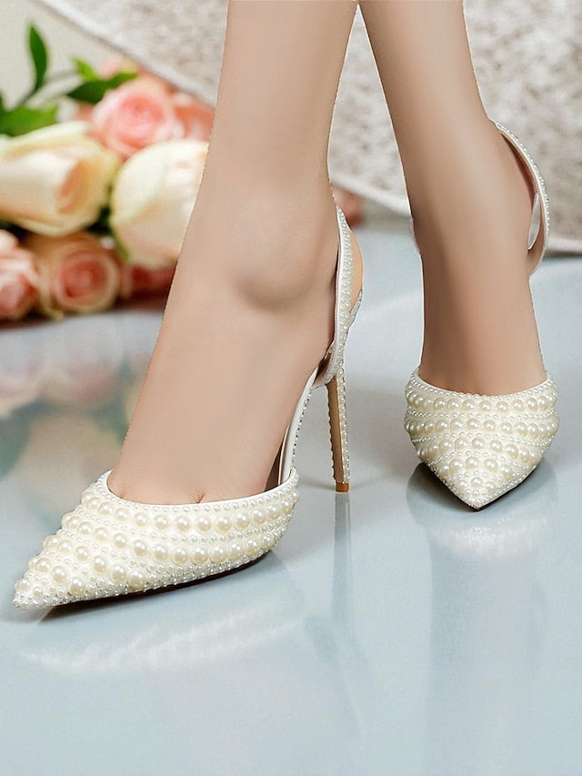 Slingback White Heels - Leather Pearl-Embellished Women's