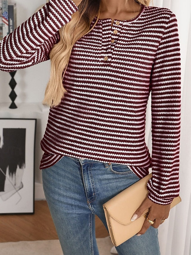 Women's T Shirt Buttons Striped Classic Casual Long Sleeve