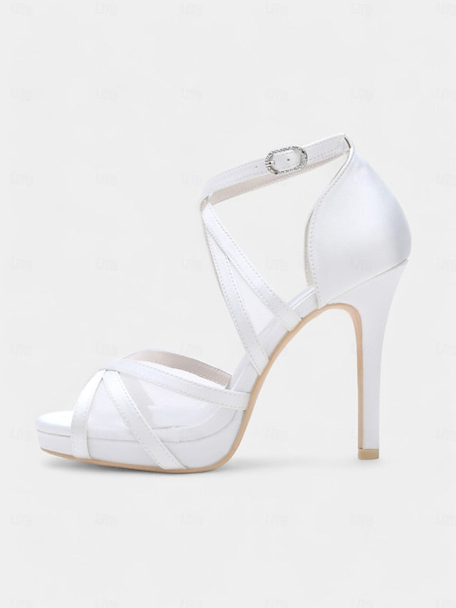 Heel with Satin Sandals High Cross Straps White Bridal Perfect -
