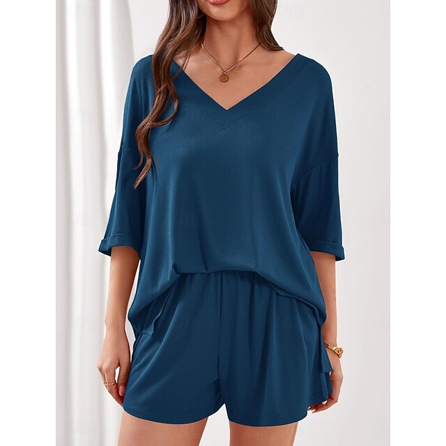 Women's Shorts Sets 3/4 Length Sleeve V Neck Solid Color