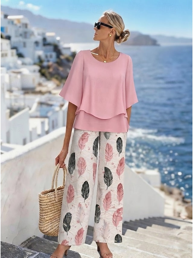 Women's Pants Sets Half Sleeve Butterfly Sleeve Round Neck