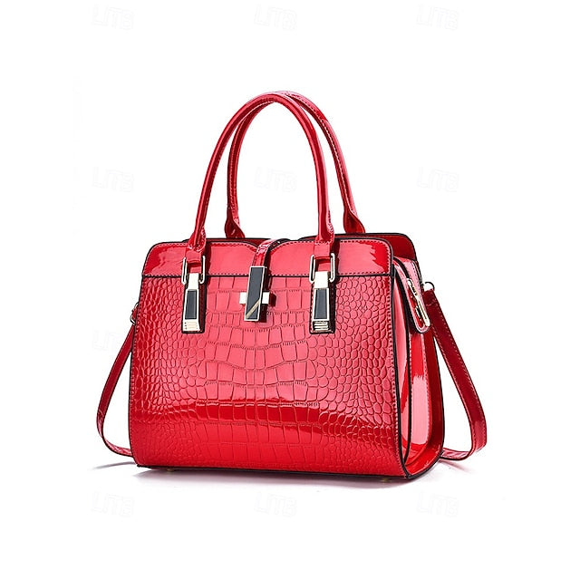 Sac à main femme en cuir verni imitation croco bordeaux