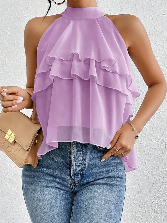Women's Tank Top Tee Top Ruffle Solid Color Elegant Fashion