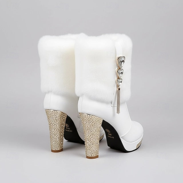 Ankle Women's White Fur with Heels Rhinestone Faux - Boots