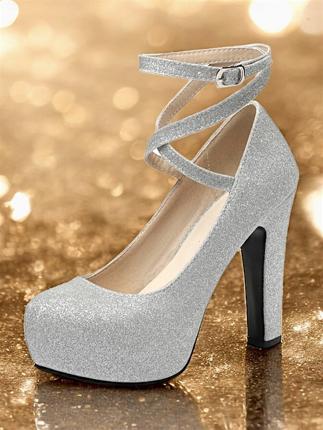 Women's Platform Strap Pink Glitter – with Ankle Heels