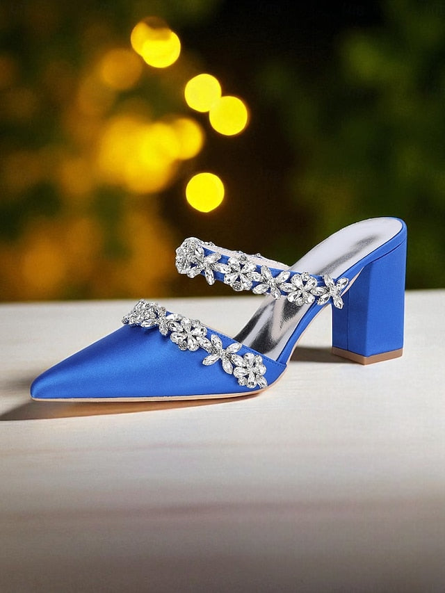 Block Heel Floral with Women's Black Mules Satin Rhinestone