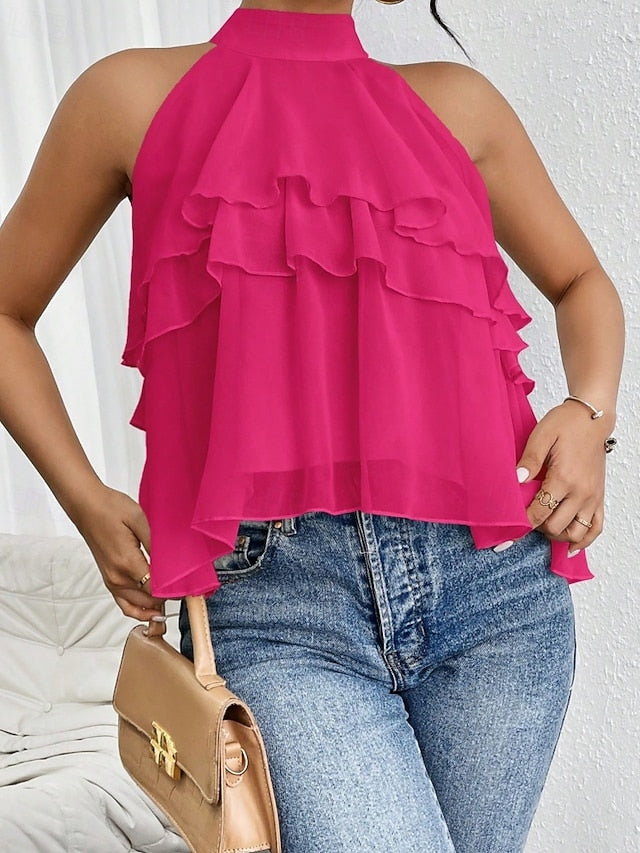 Women's Tank Top Tee Top Ruffle Solid Color Elegant Fashion