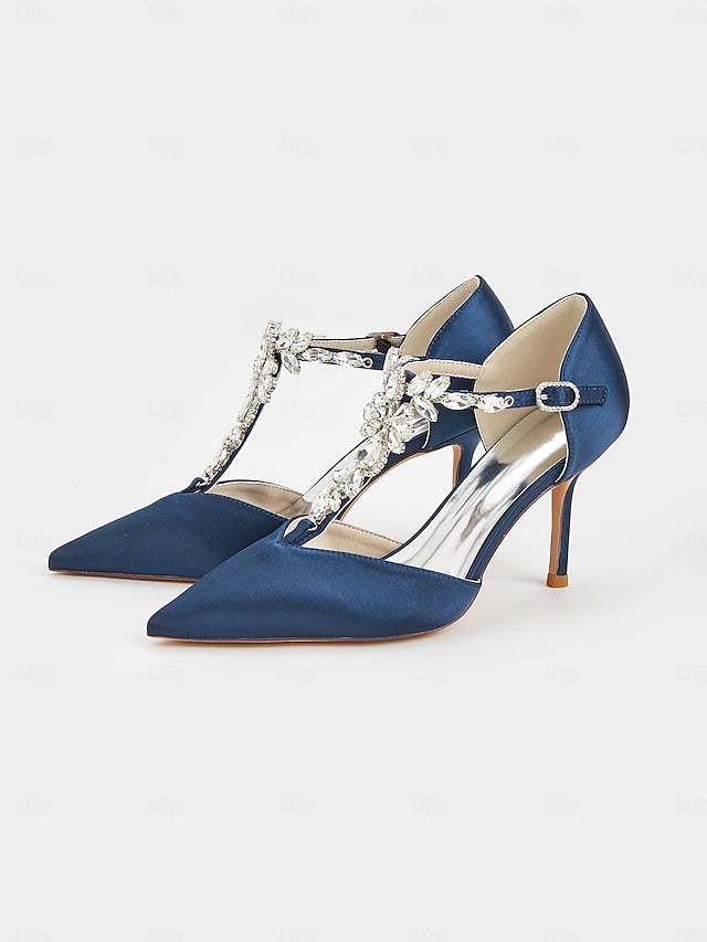 Women's – T-Strap Pointed Toe Satin Heels Blue Navy