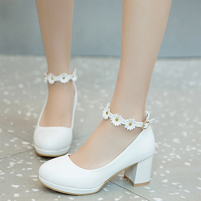 Flower Block with Shoes White Heel Ankle Daisy Girls'