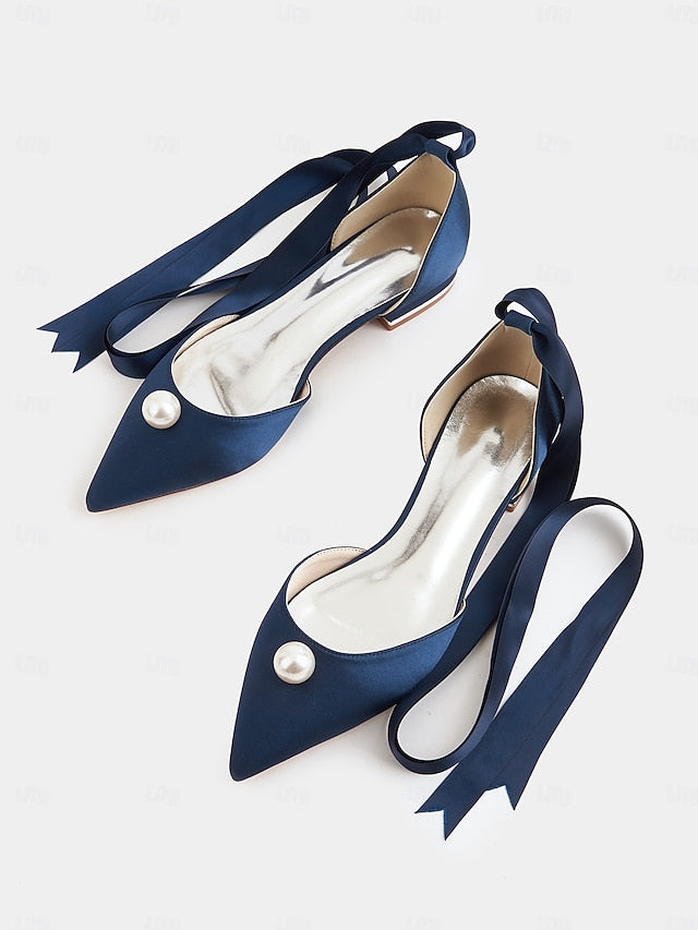 Pointed Toe Embellished Navy - Women's Pearl Satin Flats