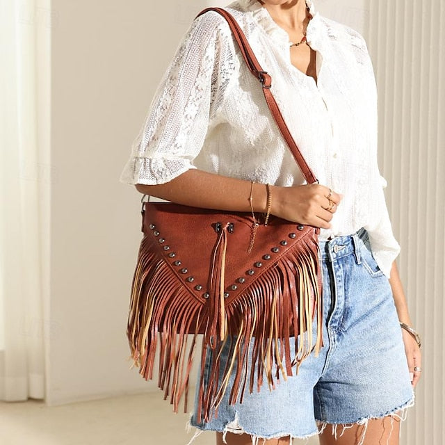 Sac bandoulière bohème en cuir à franges pour femme