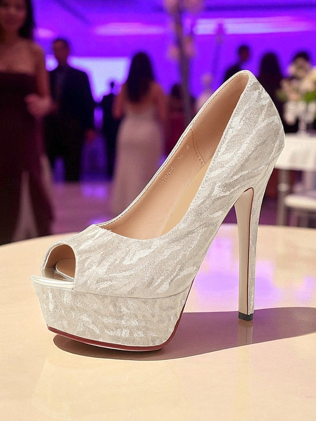 Pattern Heels Peep-Toe Silver Subtle Platform with Women's