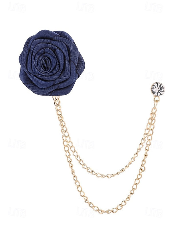 Men's Lapel Pin Rose with Chain Gold Elegant – Red