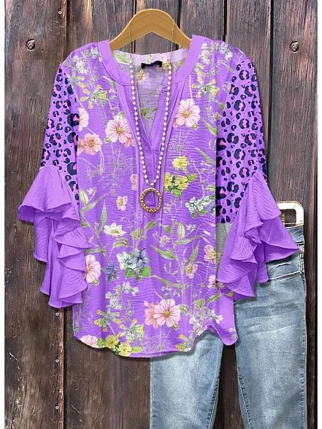 Women's Blouse V Neck Layered Ruffle Sleeve Tops Floral