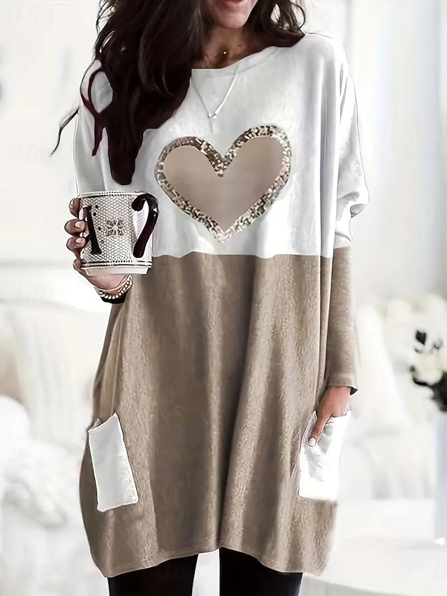 Women's T Shirt Pocket Print Heart Graphic Fashion Long