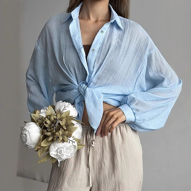 Women's Shirt Blouse Buttons Plain Elegant Stylish Long