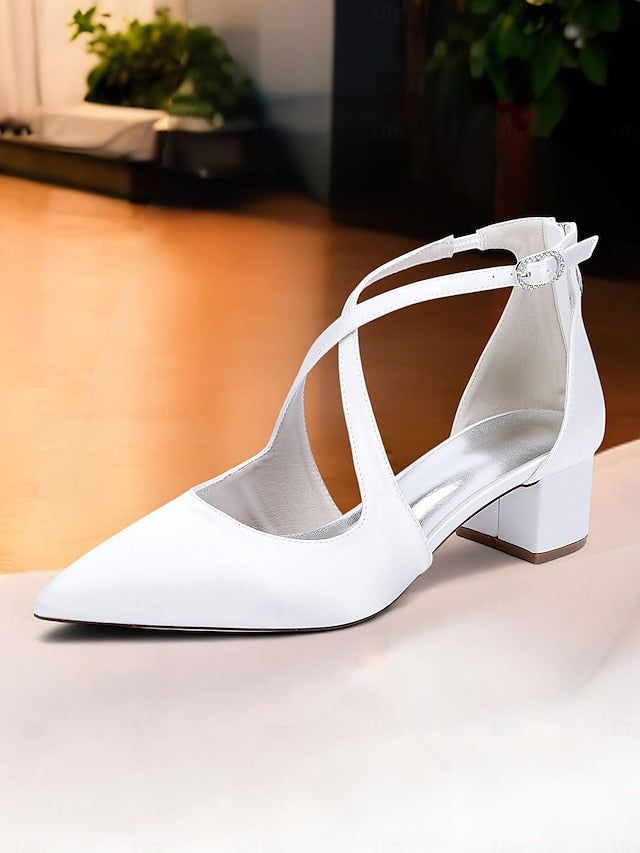 Ivory Heels Satin Toe Block Elegant Women's - Pointed