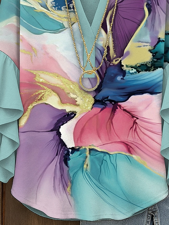 Women's Blouse V Neck Layered Ruffle Sleeve Tops Ombre