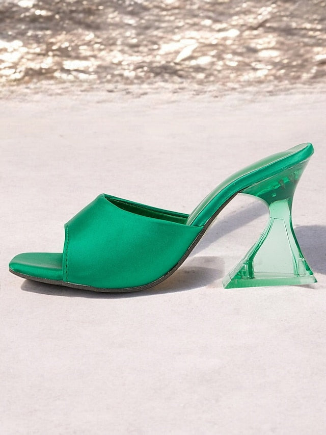 Satin for Block Open-Toe Green Mules Heels Transparent with