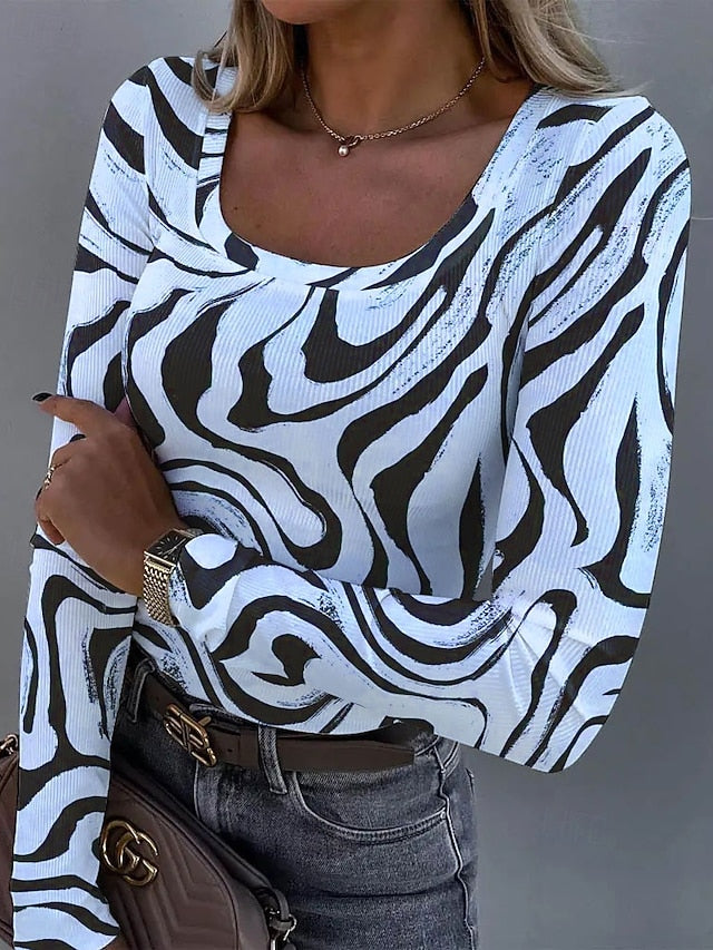 Women's T shirt Long Sleeve Ribbed Graphic Square Neck Long