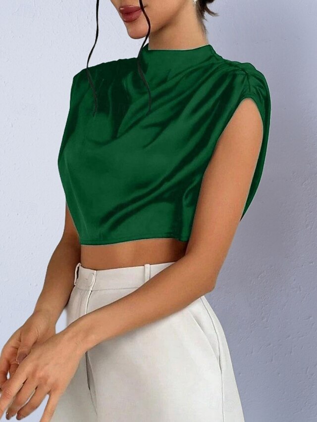 Women's Shirt Satin Shirt Blouse Wrap Crop Top Ruched Plain