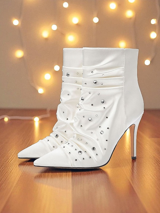 Rhinestone Satin Boots Ankle Women's White with