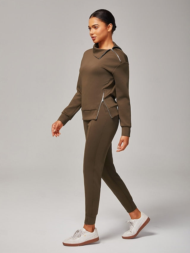 Women's Brown Stretch Knit Zip Slit High Neck Top Tracksuit
